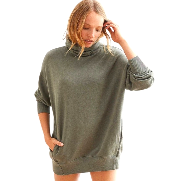 AERIE Relaxed Fit Cowl Neck Soft Sweatshirt Green/Gray Pockets Ribbed Hem Sz SM - Picture 15 of 15
